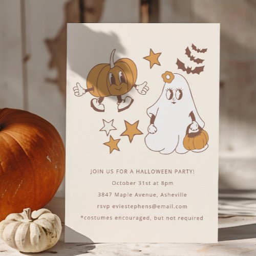 Cute Groovy Retro Pumpkin Ghost Halloween Party Invitation