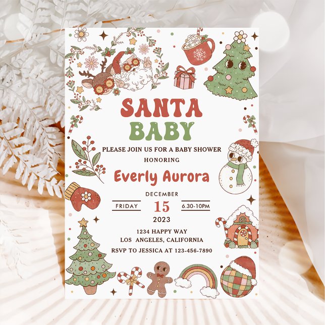 Cute Groovy Santa Christmas Baby Shower Invitation (Creator Uploaded)