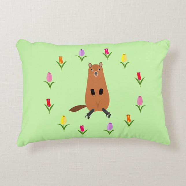 Cute Groundhog and Tulip Flowers Accent Pillow (Front)