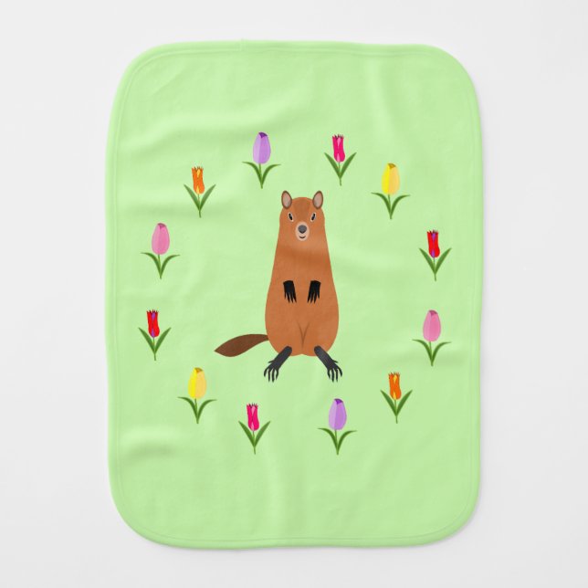Cute Groundhog and Tulip Flowers Baby Burp Cloth (Front)