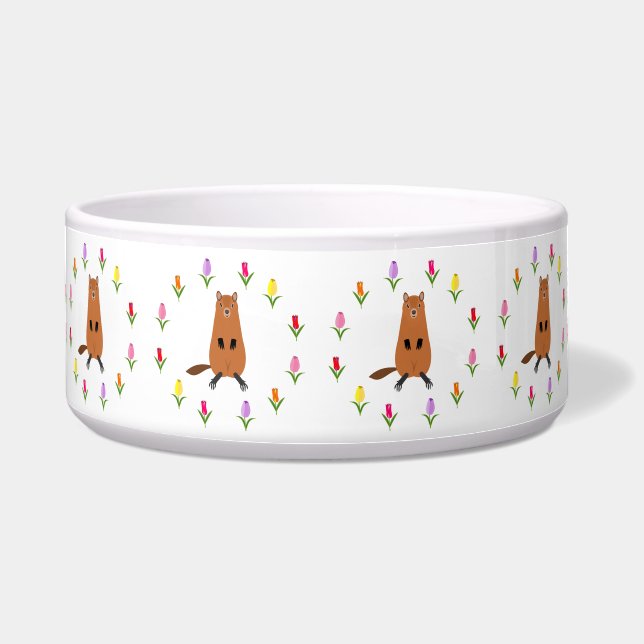 Cute Groundhog and Tulip Flowers Bowl (Front)