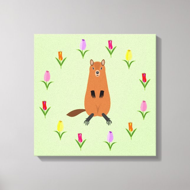 Cute Groundhog and Tulip Flowers Canvas Print (Front)