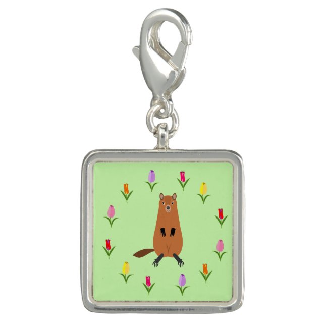 Cute Groundhog and Tulip Flowers Charm (Front)