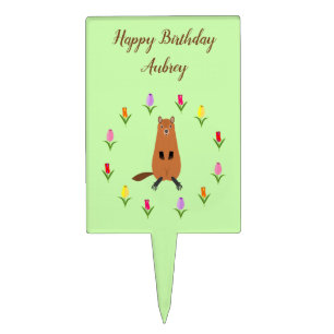 Cute Groundhog and Tulip Flowers Custom Birthday Cake Topper