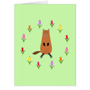 Cute Groundhog and Tulip Flowers Custom Birthday Card