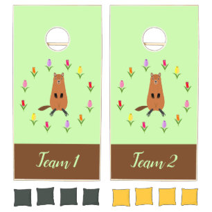 Cute Groundhog and Tulip Flowers Custom Cornhole Set