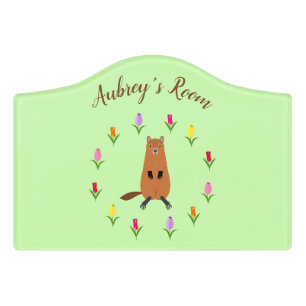 Cute Groundhog and Tulip Flowers Custom Door Sign
