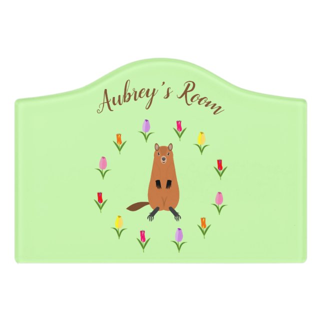 Cute Groundhog and Tulip Flowers Custom Door Sign (Small Crest Front)