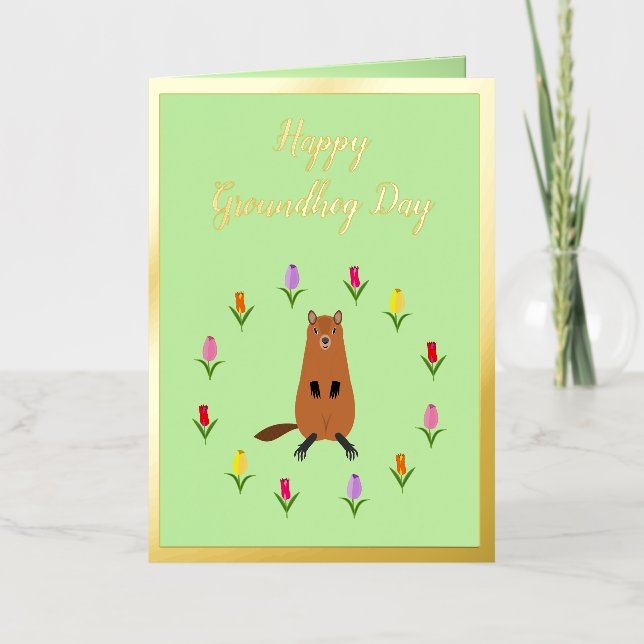 Cute Groundhog and Tulip Flowers Custom Foil Greeting Card (Front)