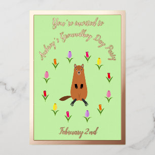 Cute Groundhog and Tulip Flowers Custom Foil Invitation