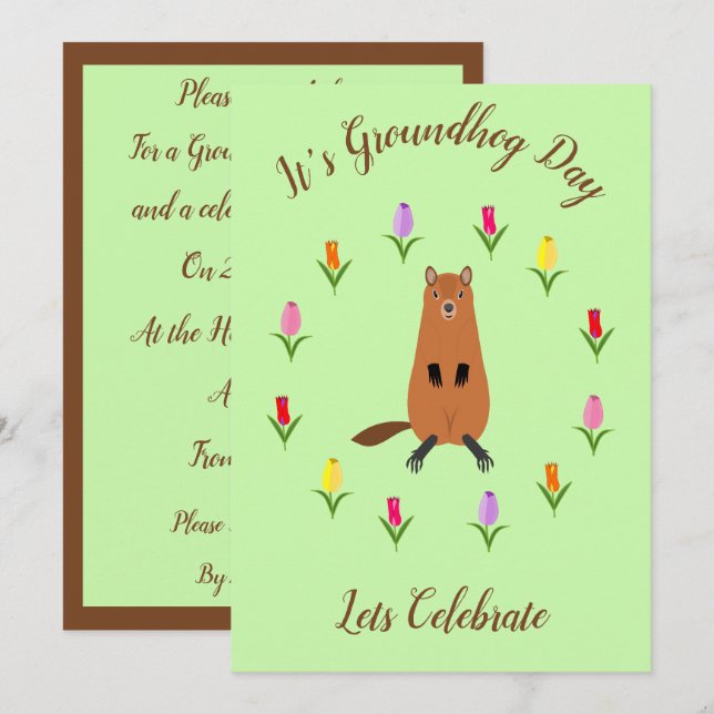Cute Groundhog and Tulip Flowers Custom Invitation (Front/Back)