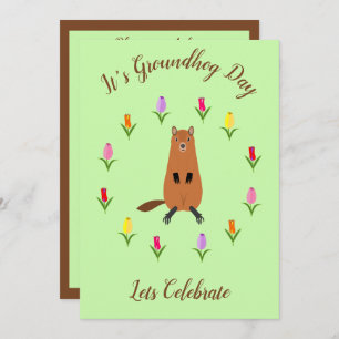 Cute Groundhog and Tulip Flowers Custom Invitation