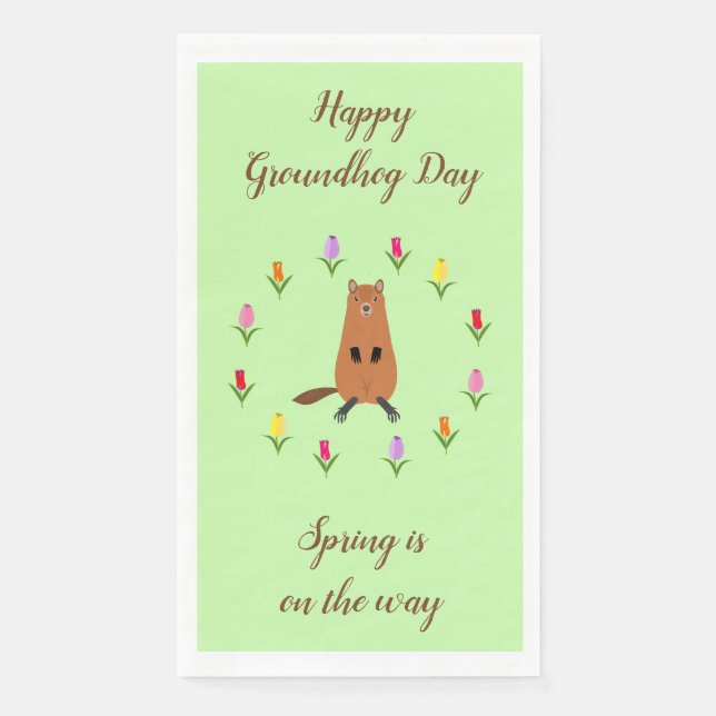 Cute Groundhog and Tulip Flowers Custom Paper Guest Towels (Front)