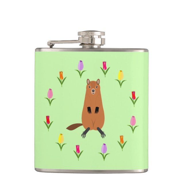 Cute Groundhog and Tulip Flowers Flask (Front)