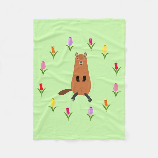 Cute Groundhog and Tulip Flowers Fleece Blanket (Front)