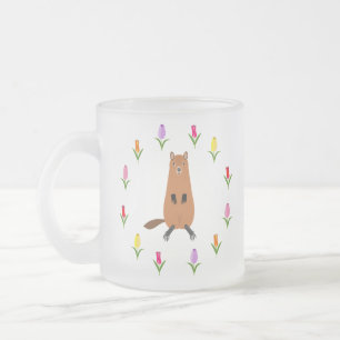 Cute Groundhog and Tulip Flowers Frosted Glass Coffee Mug