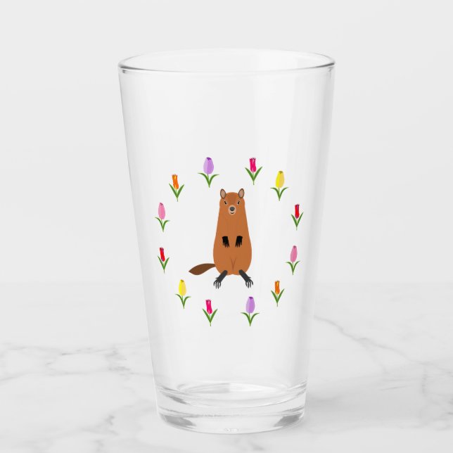 Cute Groundhog and Tulip Flowers Glass (Front)