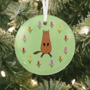 Cute Groundhog and Tulip Flowers Glass Ornament