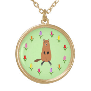 Cute Groundhog and Tulip Flowers Gold Plated Necklace