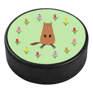 Cute Groundhog and Tulip Flowers Hockey Puck