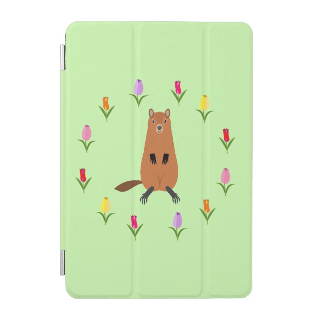 Cute Groundhog and Tulip Flowers iPad Mini Cover (Front)