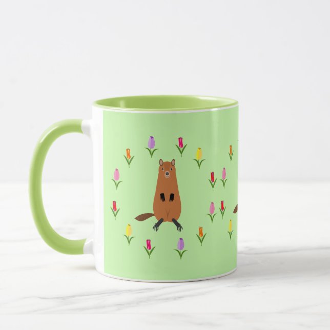 Cute Groundhog and Tulip Flowers Mug (Left)