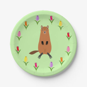 Cute Groundhog and Tulip Flowers Paper Plates