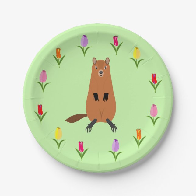 Cute Groundhog and Tulip Flowers Paper Plates (Front)