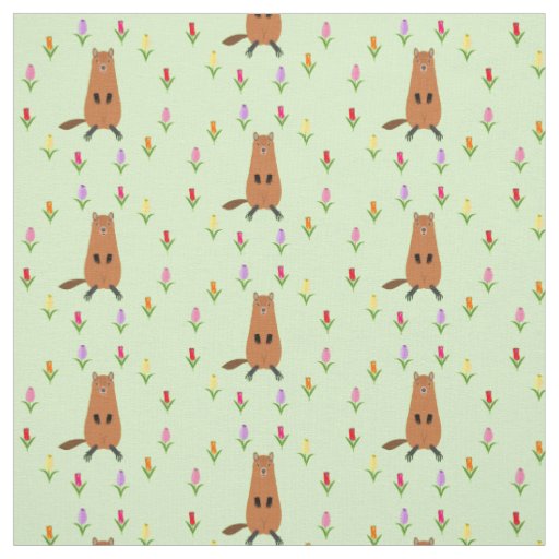 Cute Groundhog and Tulip Flowers Patterned Fabric