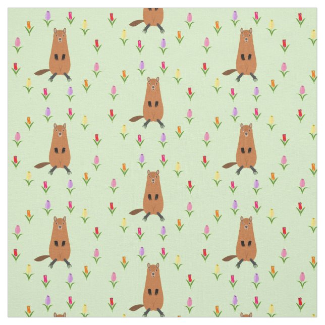 Cute Groundhog and Tulip Flowers Patterned Fabric (Swatch)