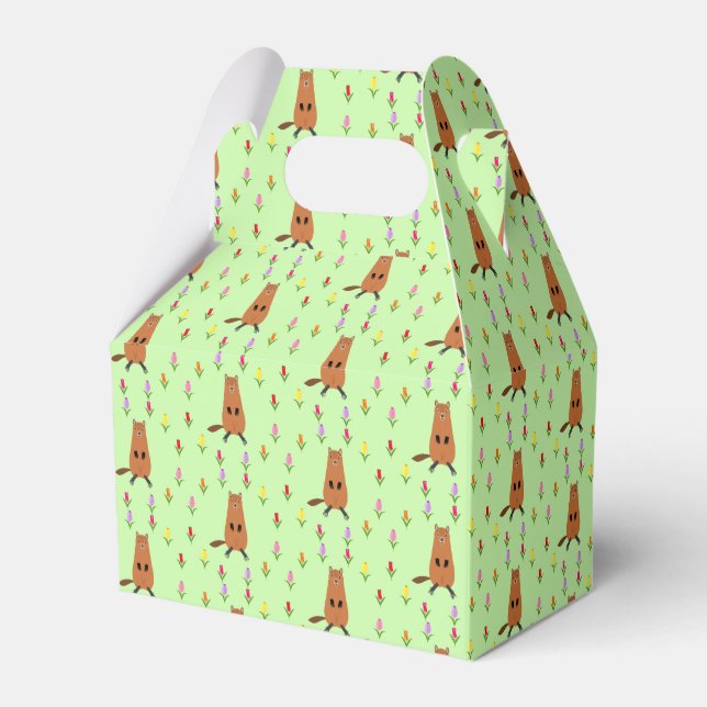 Cute Groundhog and Tulip Flowers Patterned Favor Boxes (Front Side)