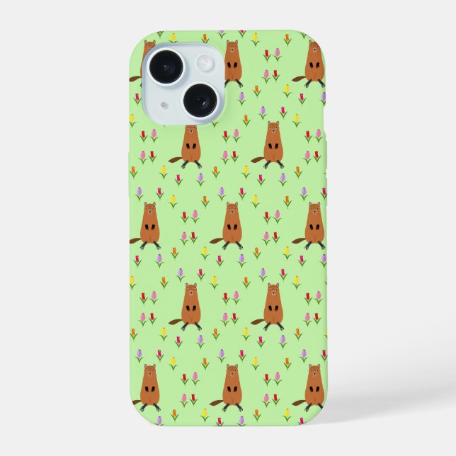 Cute Groundhog and Tulip Flowers Patterned Iphone Case (Back)