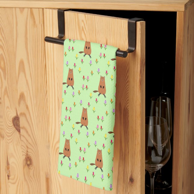 Cute Groundhog and Tulip Flowers Patterned Kitchen Towel (Thirds Fold)