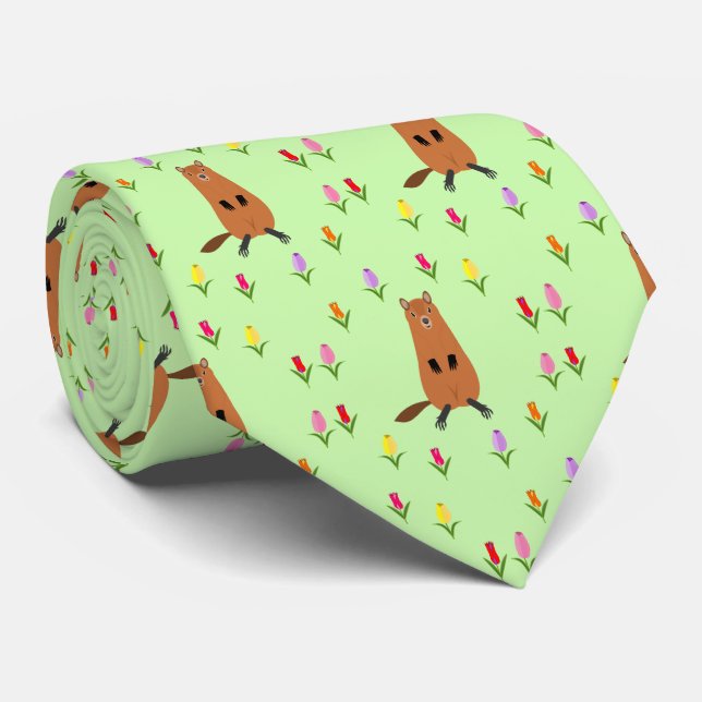Cute Groundhog and Tulip Flowers Patterned Neck Tie (Rolled)