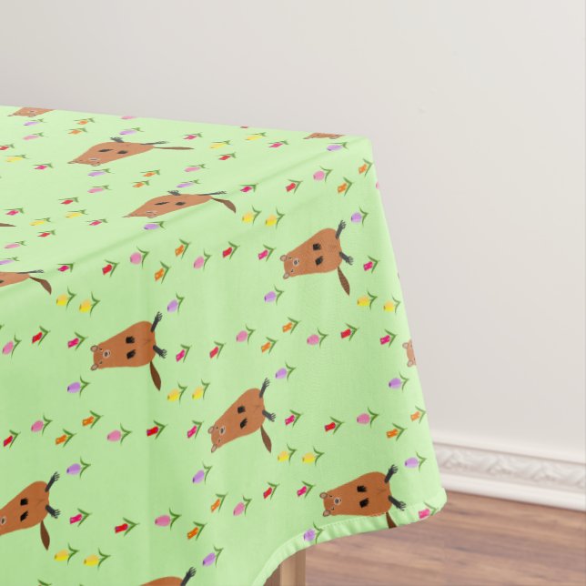 Cute Groundhog and Tulip Flowers Patterned Tablecloth (In Situ)