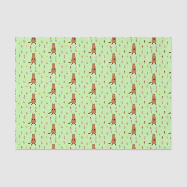 Cute Groundhog and Tulip Flowers Patterned Tissue Paper (Front)