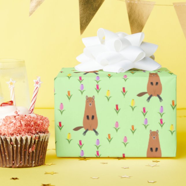 Cute Groundhog and Tulip Flowers Patterned Wrapping Paper (Birthday Party)