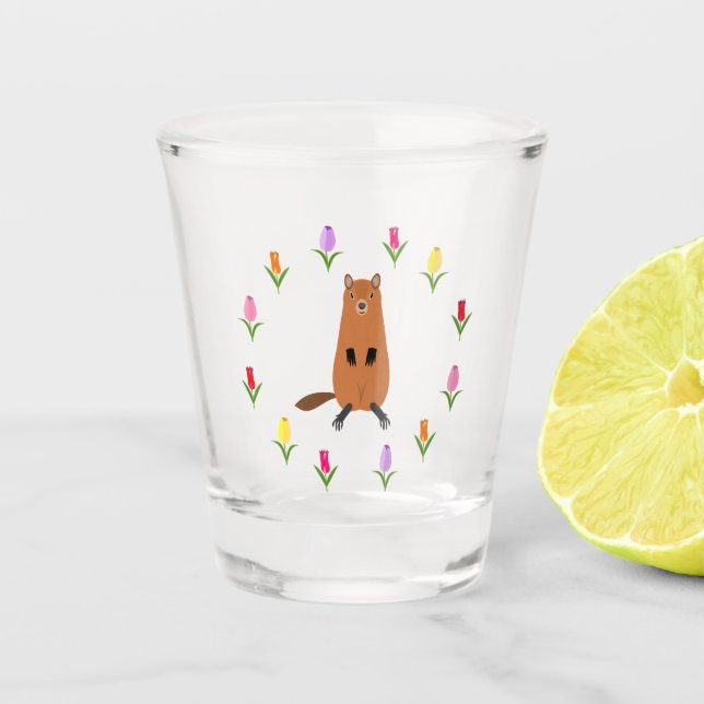 Cute Groundhog and Tulip Flowers Shot Glass (Front)