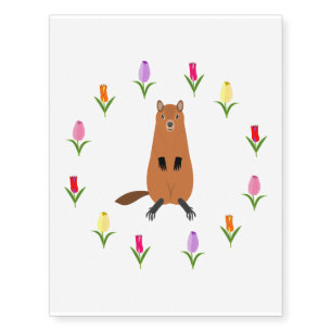 Cute Groundhog and Tulip Flowers Temporary Tattoos