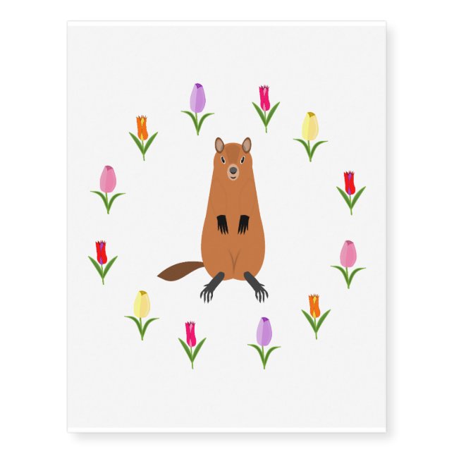 Cute Groundhog and Tulip Flowers Temporary Tattoos (Front)