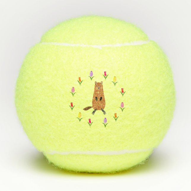 Cute Groundhog and Tulip Flowers Tennis Balls (Front)