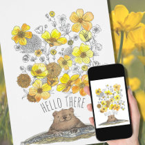 Cute Groundhog Yellow Flowers Spring Hello