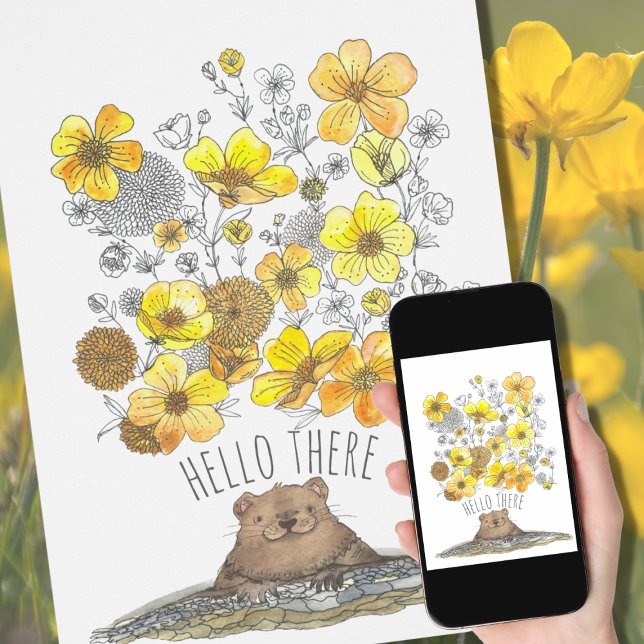 Cute Groundhog Yellow Flowers Spring Hello Cards (Creator Uploaded)