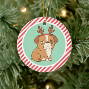Cute Grumpy Bulldog With Reindeer Hairband Ceramic Ornament