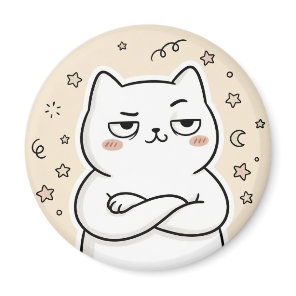 Cute Grumpy White Cat Kawaii Round Magnet