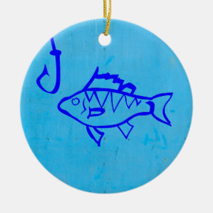 Cute Grunge blue fish and fishing hook Ceramic Ornament