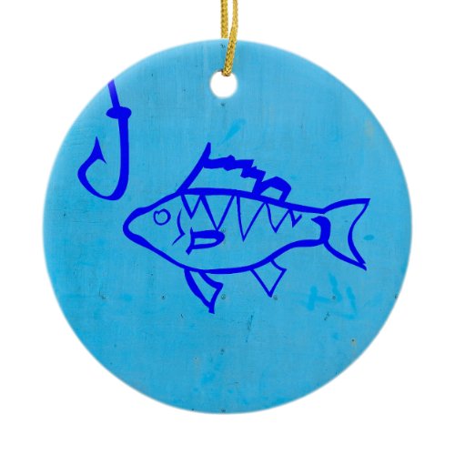 Cute Grunge blue fish and fishing hook Ceramic Ornament