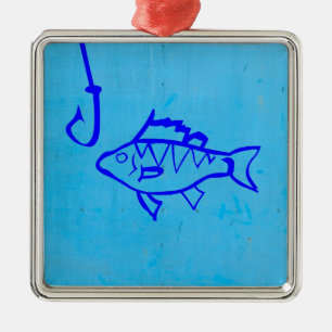 Cute Grunge blue fish and fishing hook Metal Ornament