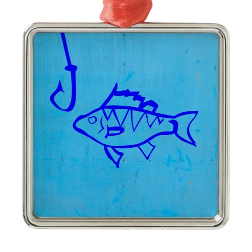 Cute Grunge blue fish and fishing hook Metal Ornament