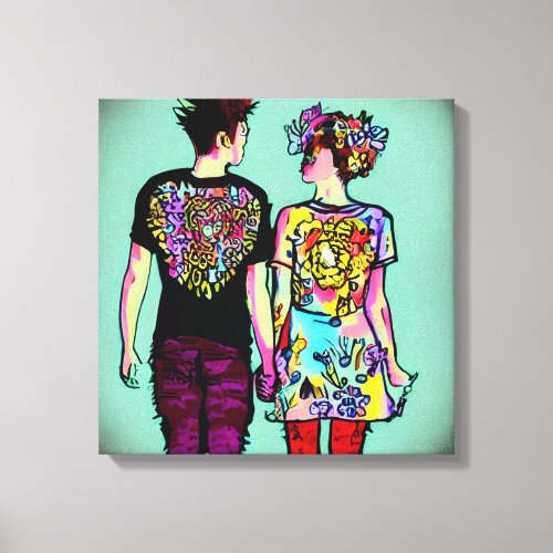 Cute Grunge Punk Rock Couple Holding Hands AI Art Canvas Print
